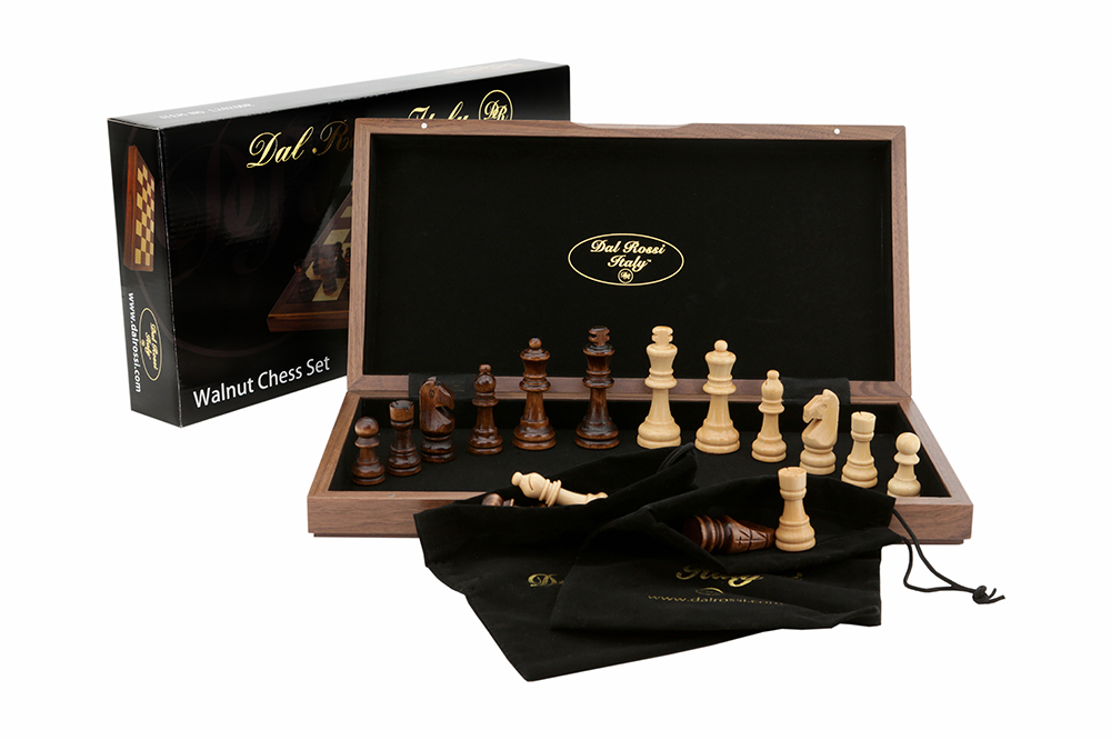 Dal Rossi Chess Set, folding, walnut inlaid, 15" -0