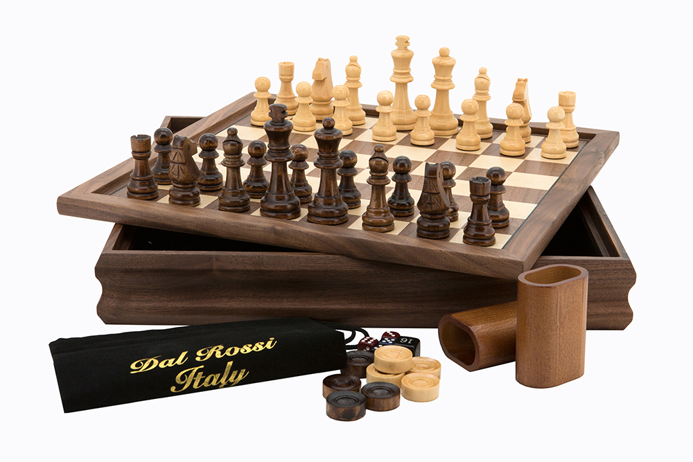 Flip Top Chess, Checkers, Backgammon. 14' with Walnut Finish -0