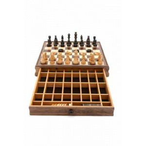 Dal Rossi Italy Walnut Wooden Chess & Checkers Set 15" with drawers-310