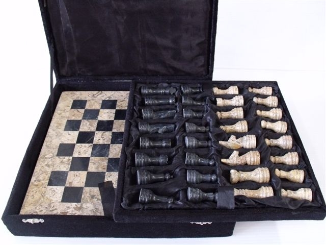 Onyx 12" Chess Set - Fossil & Black Onyx Chess Pieces-0