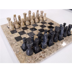 Onyx 12" Chess Set - Fossil & Black Onyx Chess Pieces-189