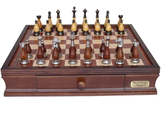 Dal Rossi Italy Metal & Wooden Staunton Chess Set with 40cm Chessbox with drawers - 2036DR-0