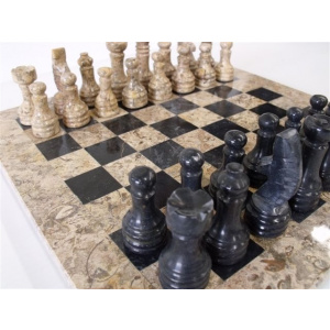 16" Fossil & Black Onyx Chess Set -307