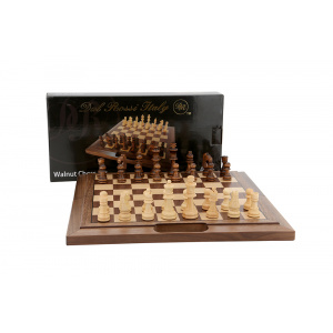 Dal Rossi Chess Set walnut folding bevelled edge, with handle, 16" -1258