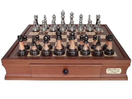 Dal Rossi Italy Staunton Metal/Marble Finish Chess Set with Drawers 16"