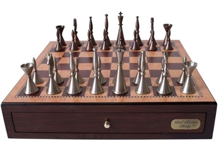 Dal Rossi Staunton Metal Chess Set with Drawers 18" (Walnut Finish)