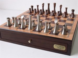 Dal Rossi Italy, Contemporary Chess with drawers 18" (Walnut Finish) with Contemporary Pewter Chess Pieces