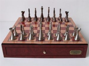 Dal Rossi Italy, Staunton Metal Chess Set with Drawers 18" (Red Mahogany Finish)