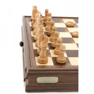 Dal Rossi Chess / checkers, walnut box, with drawers and chess piece compartments, 15