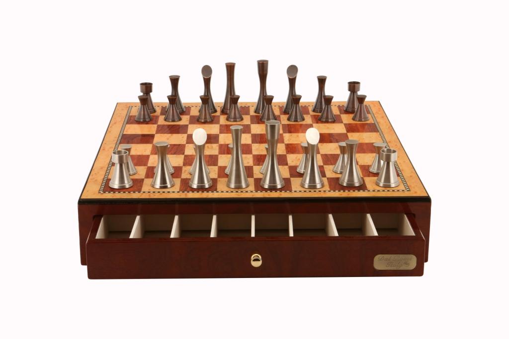 Dal Rossi Italy, Contemporary Chess Set with drawers 18" (Red Mahogany Finish) with Contemporary Pewter Chess Pieces-0