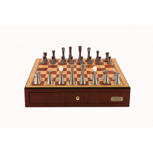 Dal Rossi Italy, Contemporary Chess Set with drawers 18" (Red Mahogany Finish) with Contemporary Pewter Chess Pieces-1215