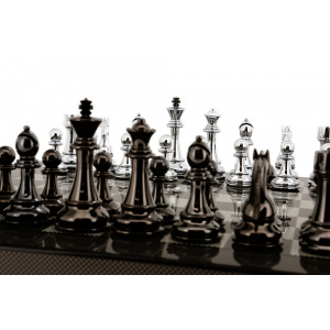 Dal Rossi Italy Silver/Titanium Chess Set on Carbon Fibre Shiny Finish Chess Box 20” with compartments-1155