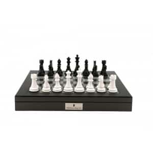 Dal Rossi Italy Black/White Chess Set on Carbon Fibre Shiny Finish Chess Box 20” with compartments-1183