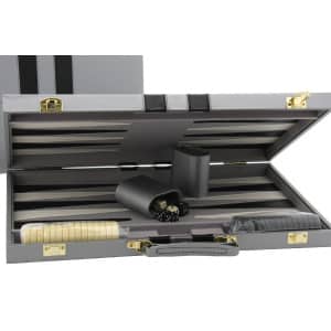 Grey 15" Backgammon Set in a vinyl Case includes quality backgammon pieces, dice and cup.-0