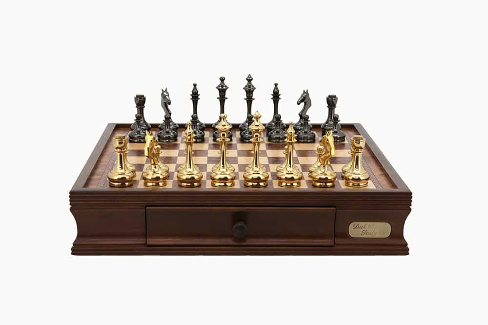 Dal Rossi Chess set on box 16" chess box with Brass Cap Staunton-0