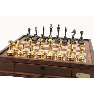 Dal Rossi Chess set on box 16" chess box with Brass Cap Staunton-1284