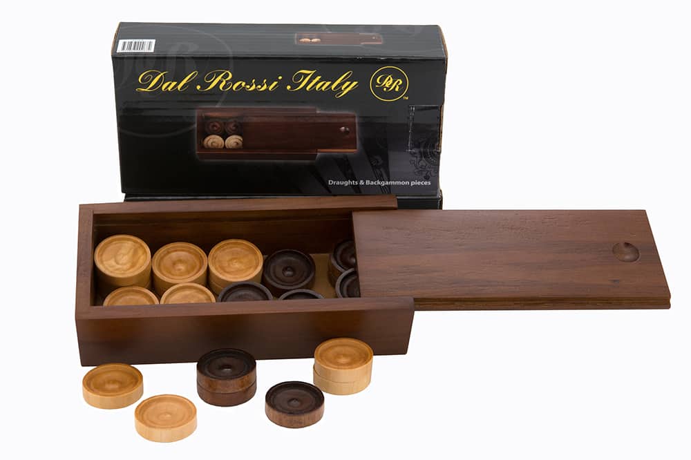 Dal Rossi Italy Checkers/draughts Pieces and Backgammon Pieces in a wooden box, 28mm Total of (30) Pieces Product code: L2094DR-0