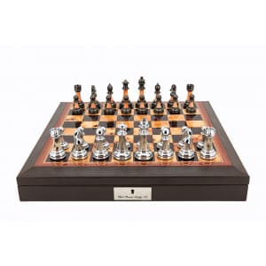 Dal Rossi 16" Chess Set Walnut Finish Chess Set with PU Leather Edge with compartments and Metal / Marble Finish 95mm Chess Pieces-0