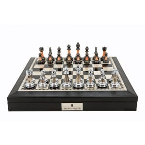 Dal Rossi 16" Chess Set Black Finish Chess Set with PU Leather Edge with compartments and Metal / Marble Finish 95mm Chess Pieces-0