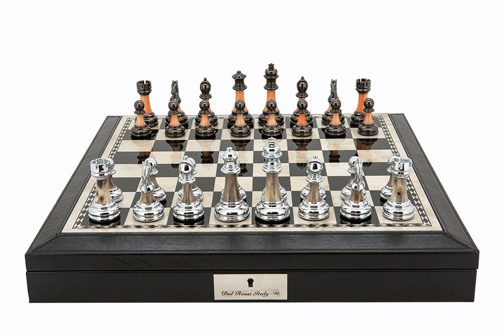 Dal Rossi 16" Chess Set Black Finish Chess Set with PU Leather Edge with compartments and Metal / Marble Finish 95mm Chess Pieces-0