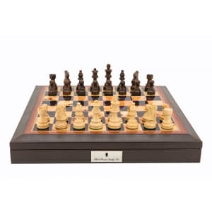Dal Rossi 16" Chess Set Walnut Finish Chess Set with PU Leather Edge with compartments and Boxwood and Sheesham 85mm Chess Pieces-0