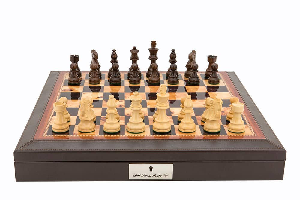 Dal Rossi 16" Chess Set Walnut Finish Chess Set with PU Leather Edge with compartments and Boxwood and Sheesham 85mm Chess Pieces-0