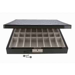 Dal Rossi Italy Carbon Fibre Shiny Finish chess box with compartments 16” With French Lardy Black/Red 85mm Chessmen - L4470DR-1436