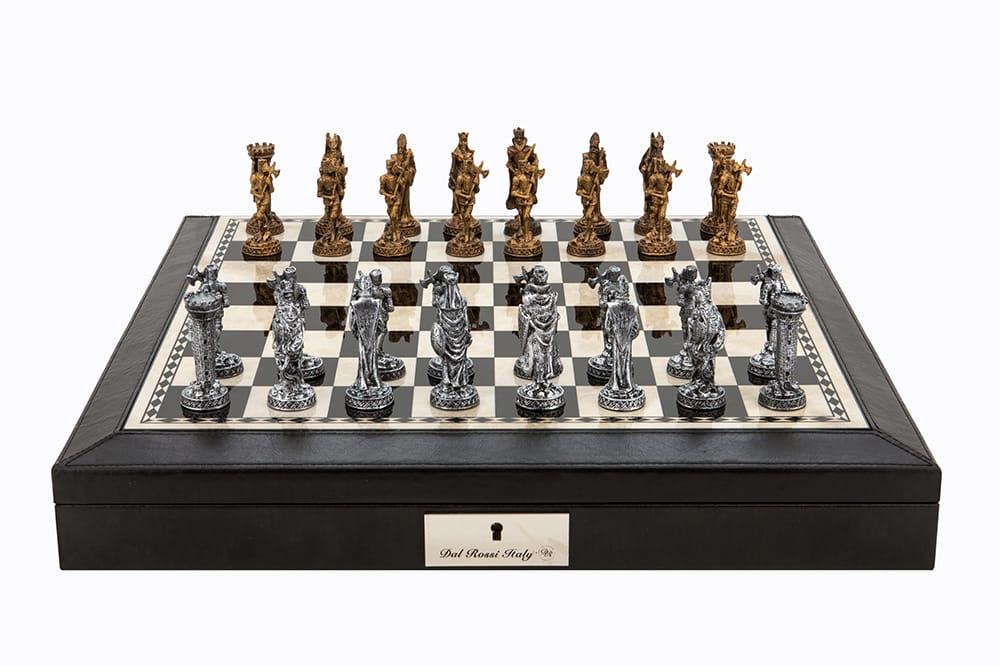 Dal Rossi Italy Black PU Leather Bevilled Edge chess box with compartments 18" with Medieval Pewter 80mm Chessmen. Product code: L40222DR-0