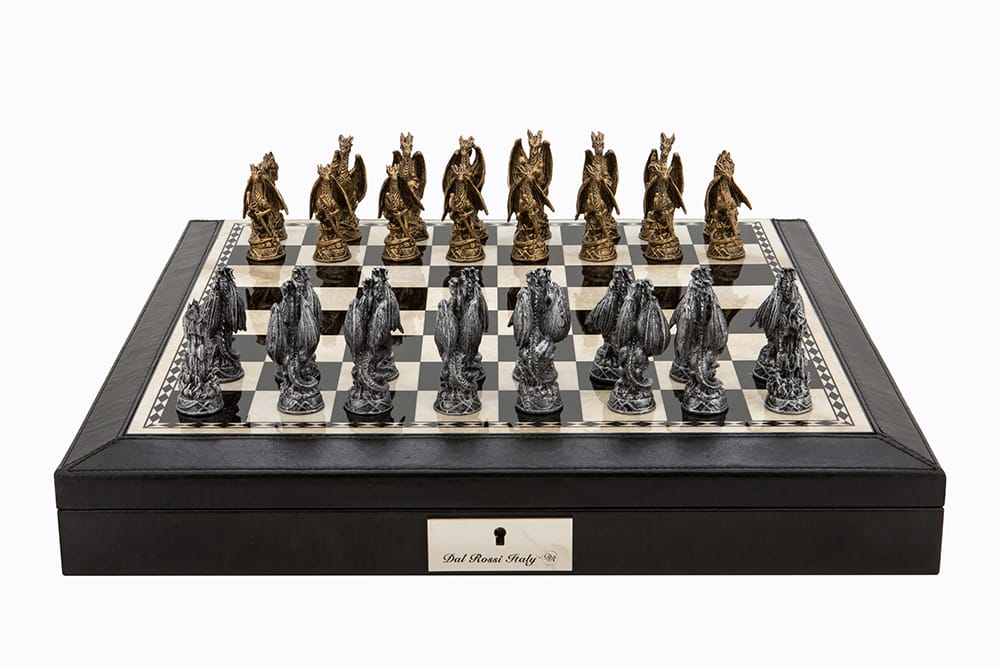 Dal Rossi Italy Black PU Leather Bevilled Edge chess box with compartments 18" with Dragon Pewter 80mm Chessmen. Product code: L40223DR-0