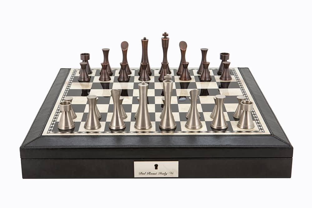 Dal Rossi Italy Black PU Leather Bevilled Edge chess box with compartments 18" with Contemporary Metal Chessmen 90mm king. Product code: L4025DR-0