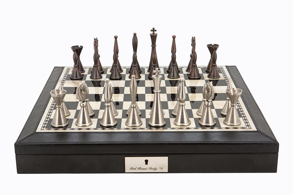 Dal Rossi Italy Black PU Leather Bevilled Edge chess box with compartments 18" with Staunton Metal Chessmen 100mm king. Product code: L4034DR-0