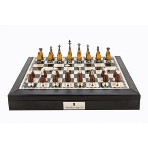 Dal Rossi Italy Black PU Leather Bevilled Edge chess box with compartments 18" with Staunton Metal/Wood Chessmen 85mm king. Product code: L4036DR-0