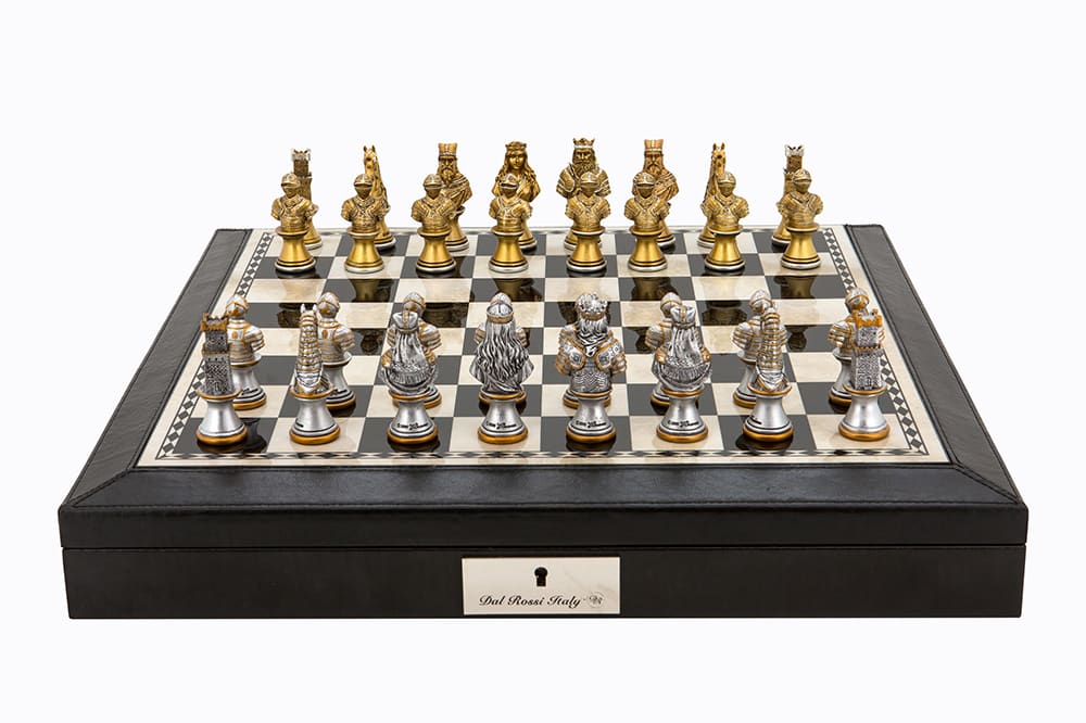Dal Rossi Italy Black PU Leather Bevilled Edge chess box with compartments 18" with Medieval Warriors Resin 75mm Chessmen. Product code: L4038DR-0