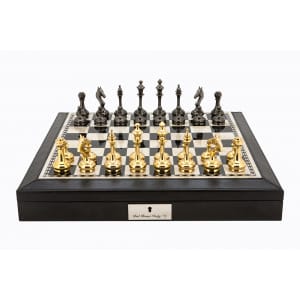 Dal Rossi Italy Black PU Leather Bevilled Edge chess box with compartments 18" with Staunton Brass Titanium Cap 75mm Chessmen. Product code: L4052DR-0