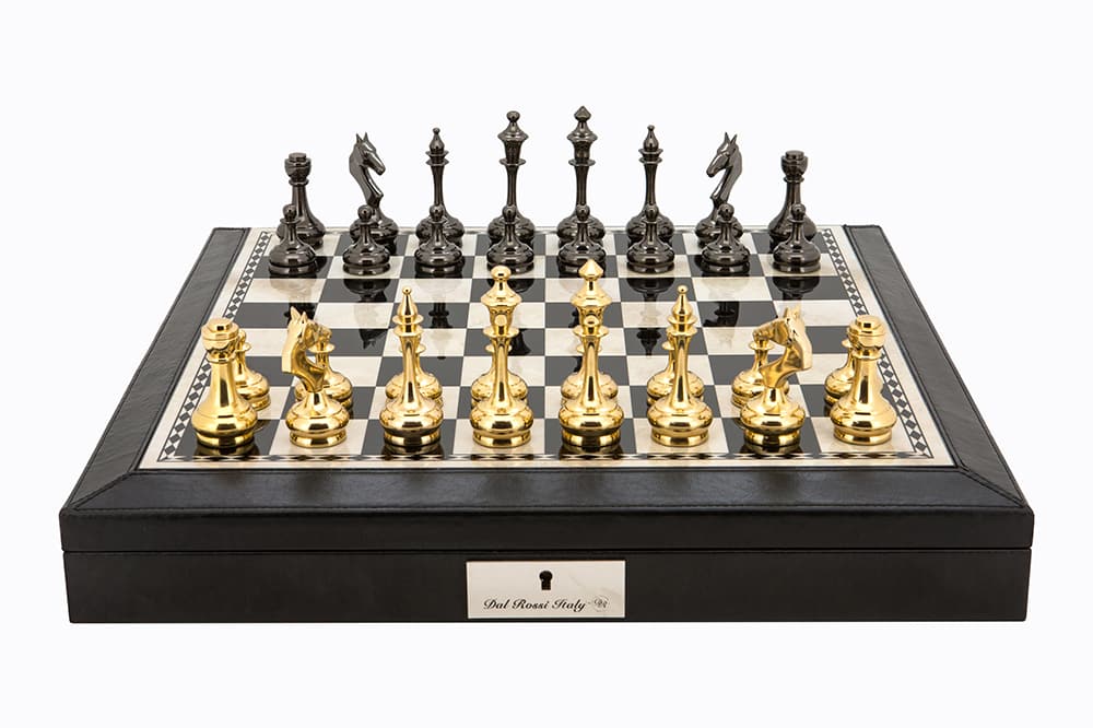 Dal Rossi Italy Black PU Leather Bevilled Edge chess box with compartments 18" with Staunton Brass Titanium Cap 75mm Chessmen. Product code: L4052DR-0