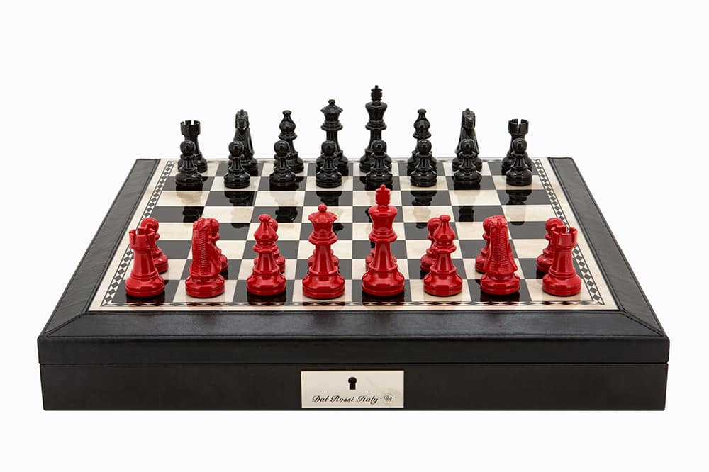 Dal Rossi Italy Black PU Leather Bevilled Edge chess box with compartments 18" with French Lardy Black/Red 85mm Chessmen. Product code: L4070DR-0