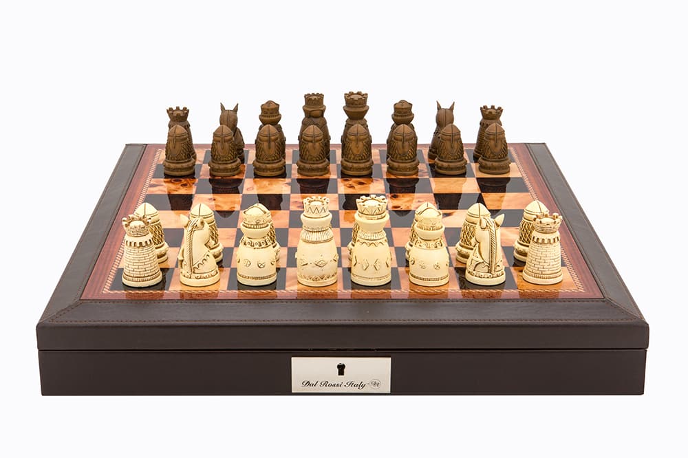 Dal Rossi Italy Brown PU Leather Bevilled Edge chess box with compartments 18" with Medieval Resin Chessmen Product code: L4106DR-0