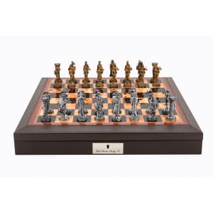 Dal Rossi Italy Brown PU Leather Bevilled Edge chess box with compartments 18" with Medieval Pewter 80mm Chessmen Product code: L41222DR-0