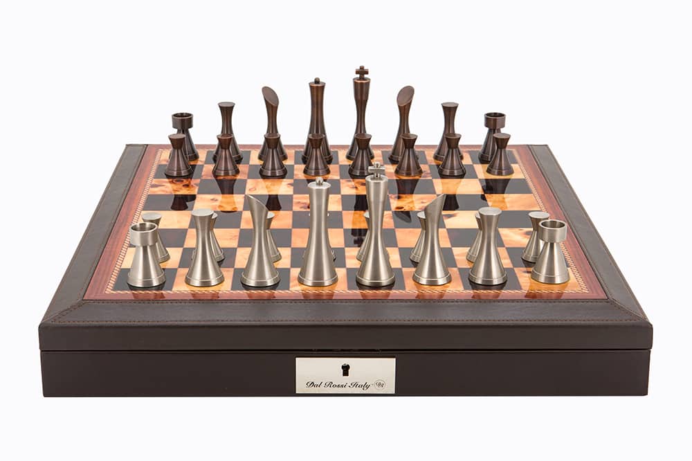 Dal Rossi Italy Brown PU Leather Bevilled Edge chess box with compartments 18" with Contemporary Metal Chessmen 90mm king. Product code: L4125DR-0