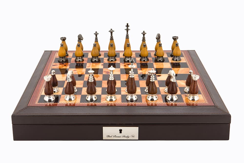 Dal Rossi Italy Brown PU Leather Bevilled Edge chess box with compartments 18" with Staunton Metal/Wood Chessmen 85mm king. Product code: L4136DR-0
