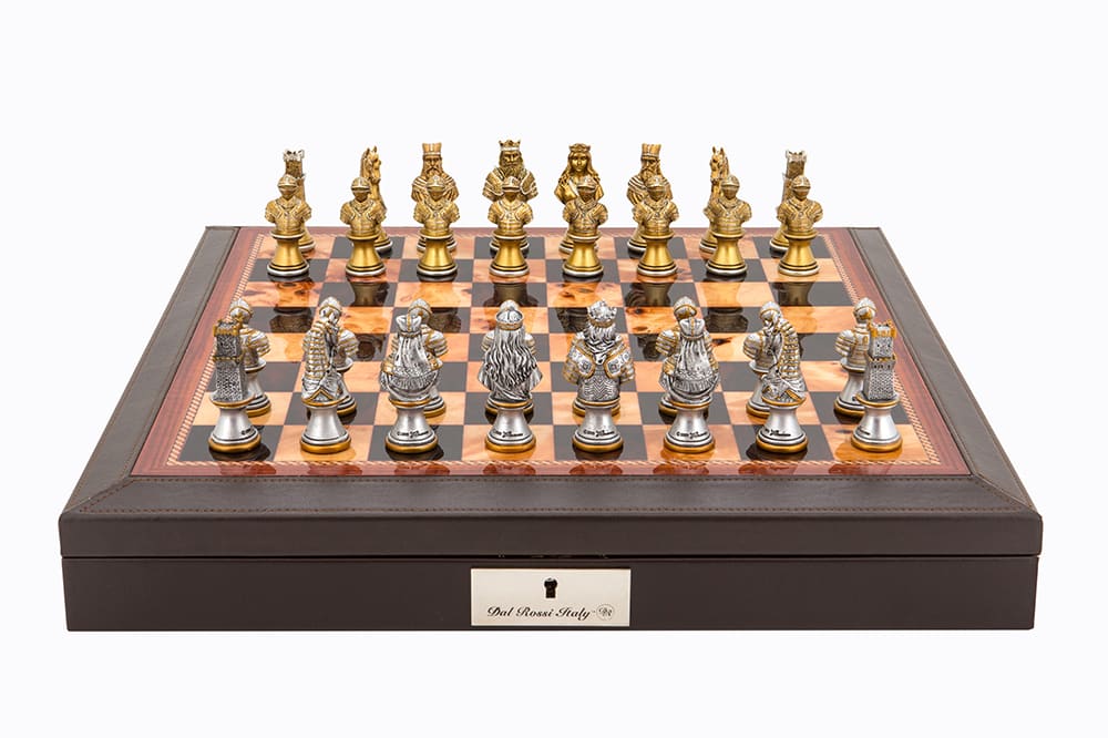 Dal Rossi Italy Brown PU Leather Bevilled Edge chess box with compartments 18" with Medieval Warriors Resin Chessmen 75mm Product code: L4138DR-0