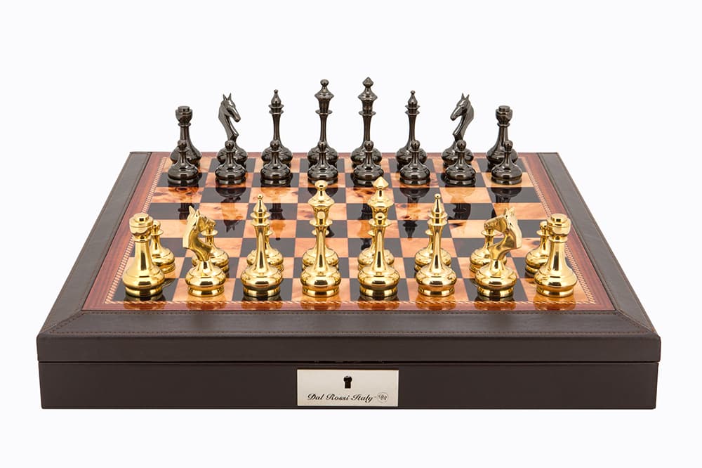 Dal Rossi Italy Brown PU Leather Bevilled Edge chess box with compartments 18" with Staunton Brass Titanium Cap Chessmen 75mm Product code: L4152DR-0