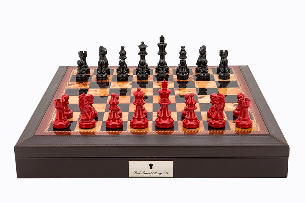 Dal Rossi Italy Brown PU Leather Bevilled Edge chess box with compartments 18" with French Lardy Black/Red 85mm Chessmen Product code: L4170DR-0