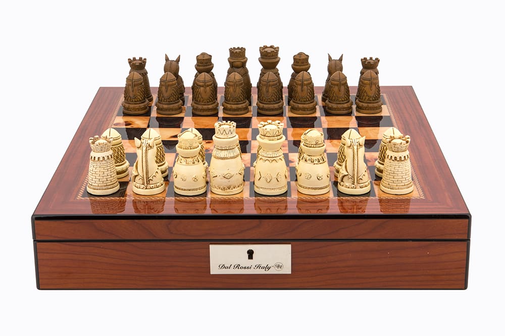 Dal Rossi Italy Walnut Finish chess box with lock & compartments 16” with Medieval Resin Chessmen - L4206DR-0