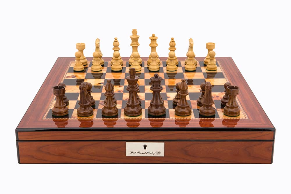 Dal Rossi Italy Walnut Finish chess box with lock & compartments 16” with Staunton Wooden 85mm Chessmen - L4210DR-0