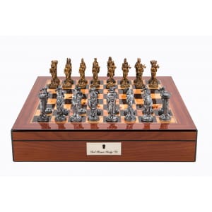 Dal Rossi Italy Walnut Finish chess box with lock & compartments 16” with Medieval Pewter 80mm Chessmen - L42222DR-0