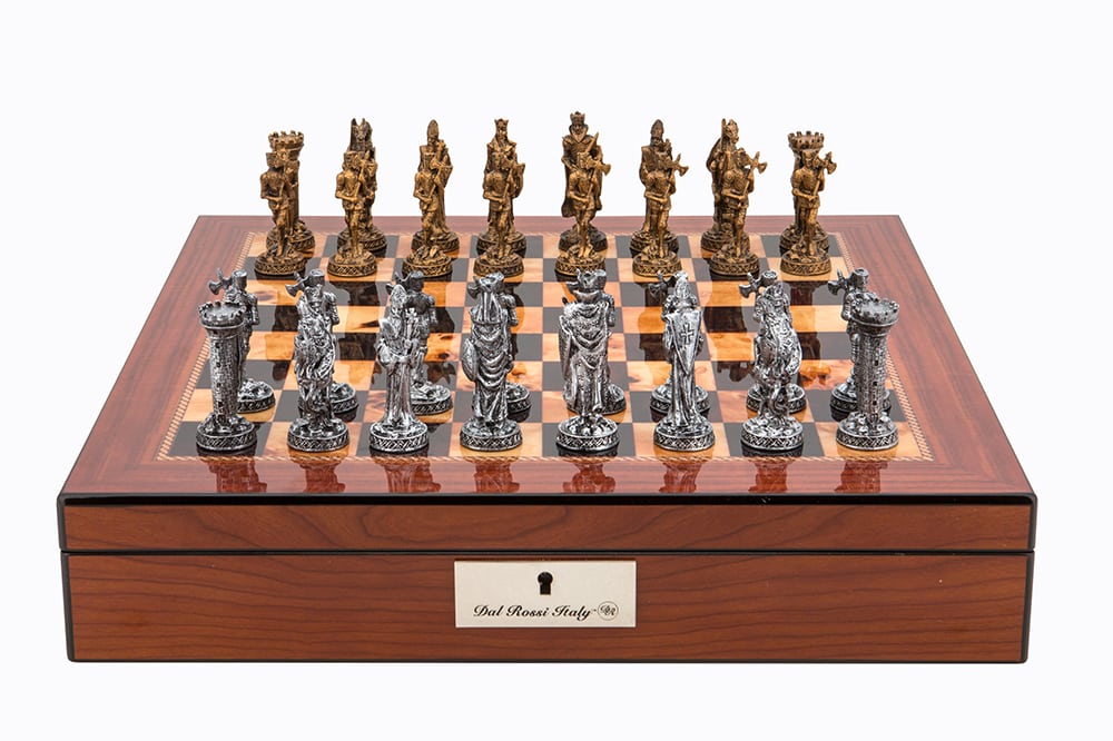 Dal Rossi Italy Walnut Finish chess box with lock & compartments 16” with Medieval Pewter 80mm Chessmen - L42222DR-0