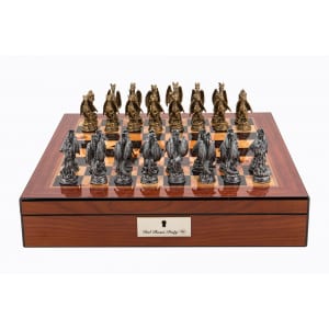 Dal Rossi Italy Walnut Finish chess box with lock & compartments 16” with Dragon Pewter 80mm Chessmen - L42223DR-0