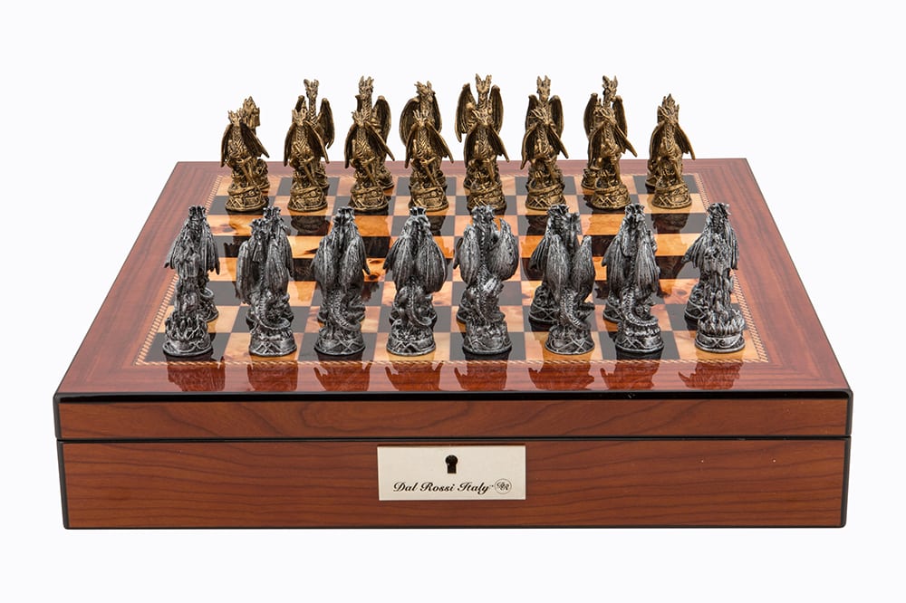 Dal Rossi Italy Walnut Finish chess box with lock & compartments 16” with Dragon Pewter 80mm Chessmen - L42223DR-0
