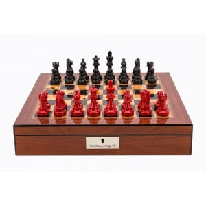 Dal Rossi Italy Walnut Finish chess box with lock & compartments 16” with French Lardy Black/Red 85mm Chessmen - L4270DR-0